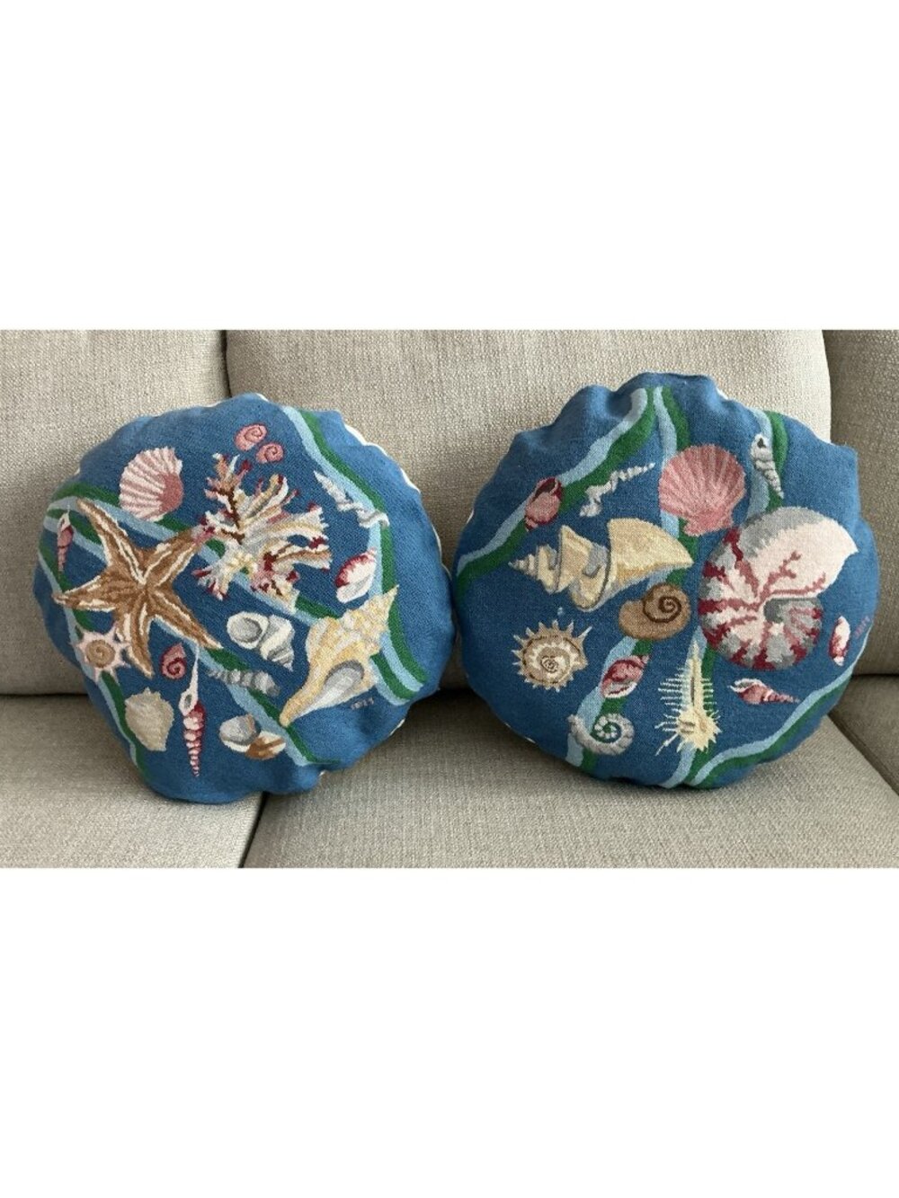Joie de Mer Style Seashell Needlepoint Cushion Pair Blue Coastal Seashells 18"